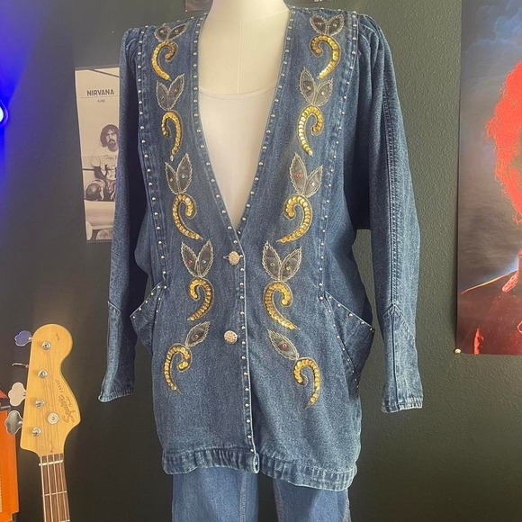 Vintage 80s embroidered denim duster jacket with studs rhinestones and sequins - Picture 8 of 9